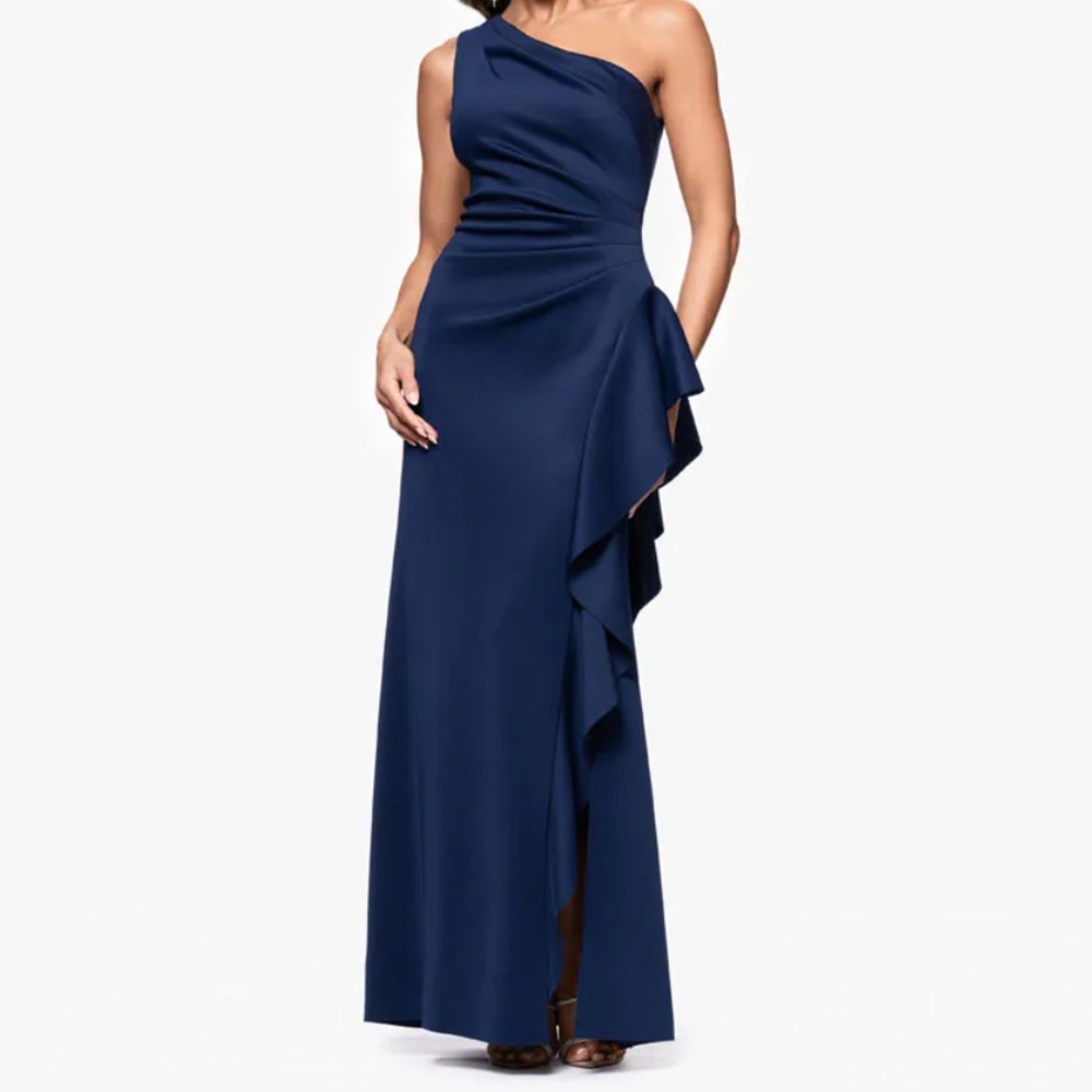 New Xscape Flo Techno Scuba Ruffle One Shoulder Gown Size 16
